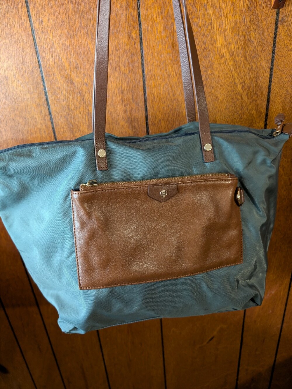 Boulevard Blue Nylon Tote Bag with Brown Leather Trim